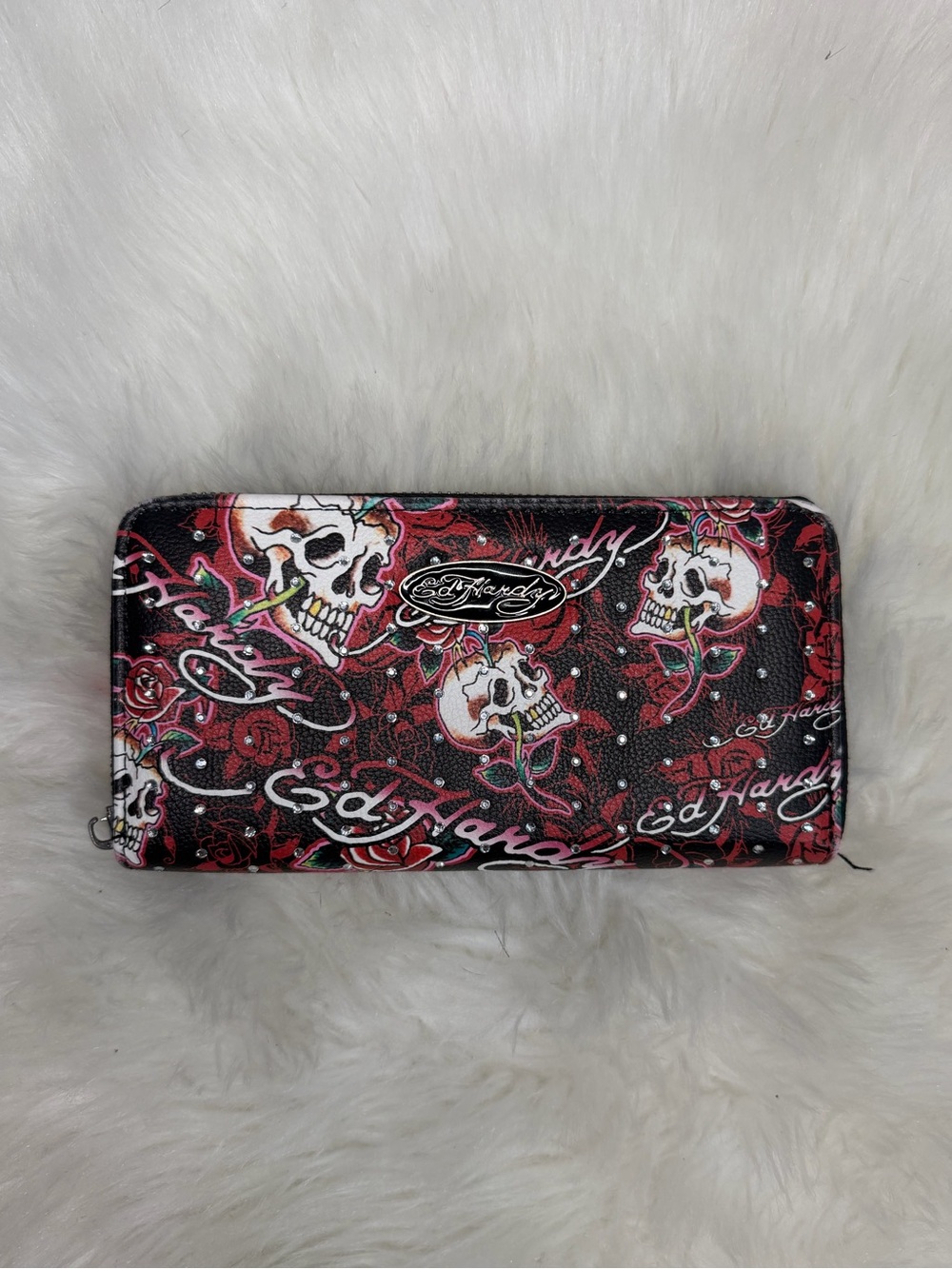Ed Hardy Black & Red Skull Rose Zip Wallet